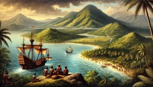 hristopher Columbus's ships sailing past the east coast shores of Dominica on November 3, 1493