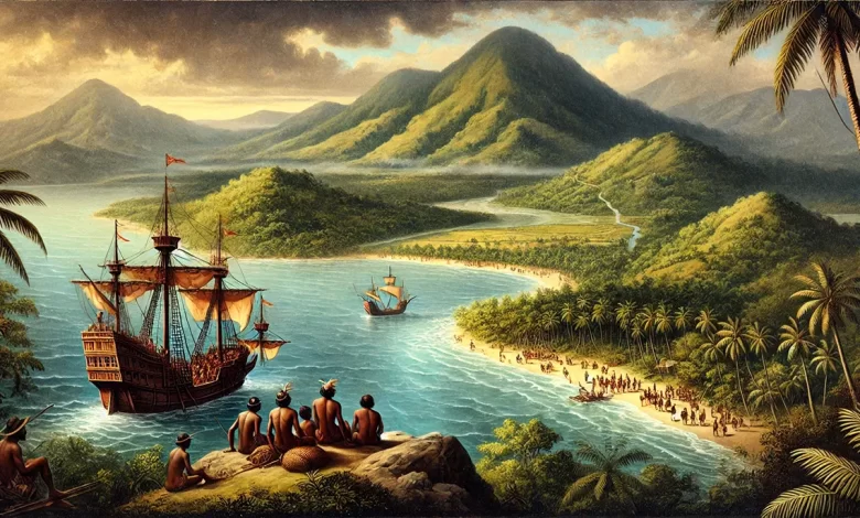 hristopher Columbus's ships sailing past the east coast shores of Dominica on November 3, 1493