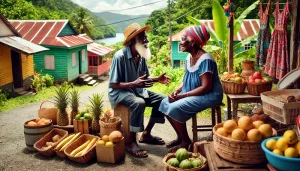 elderly villagers in Dominica having a lively conversation in Kwéyòl,