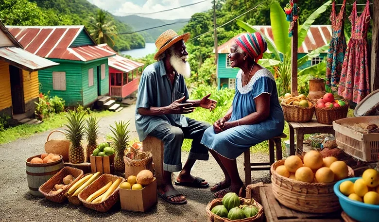 elderly villagers in Dominica having a lively conversation in Kwéyòl,